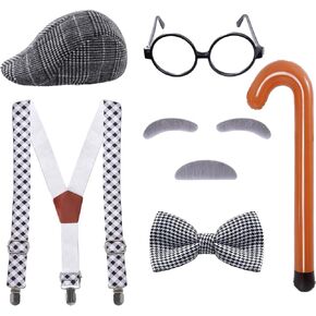 7 PCS 100 Day of School Costume Old Man Costume Grandpa Costume Accessories Set 1920s Old Man Costume Set with Hat