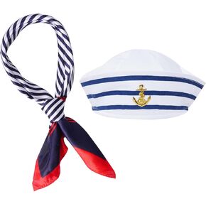 Sailor Costume Accessories Sailor Hat And Scarf Yacht Captain Hat White and Blue Striped Pirate Outfit Halloween Cosplay