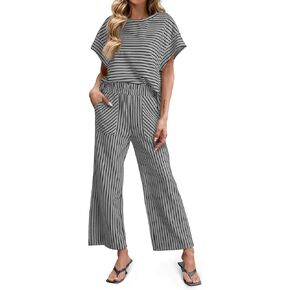 Tankaneo Womens Striped 2 Piece Sets Short Sleeve T Shirts Wide Leg Pants Matching Lounge Set with Pockets
