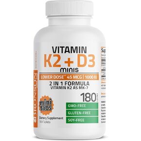 Bronson Vitamin K2 (MK7) مع D3 أقل جرعة 45mcg فيتامين K2 و 1000 IU فيتامين D3 من السهل ابتلاع الصيانة اليومية 2 في 1 صيغة غير محددة للمواد المعدلة وراثيا ، 360 أقراص صغيرة