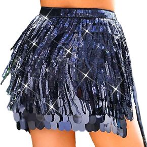 Unicra Gold Sequin Skirt Sparkly Fringe Skirt Glitter Belly Dance Hip Scarf for Women