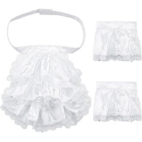 1 Set Victorian Lace Jabot Collar and Cuffs, White Colonial Lace Jabot Set Includes 1 Pcs Lace Ruffled Tie Jabot with 2 Pcs Lace Cuffs Set Unisex Costume Accessories