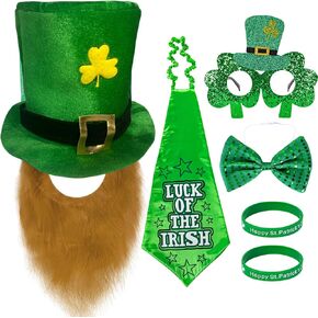 St. Patrick's Day Party Accessory Set, Hat, Beard, Bow Tie, Tie, Bracelet and Glasses, Leprechaun Costume for Parties, Celebrations