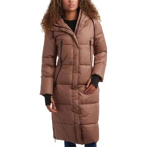 Steve Madden Women's Maxi Puffer Jacket - معطف شتوي طويل معزول للوزن الثقيل مع غطاء محرك السيارة وسحابات مانعة للتسرب (S -XL)