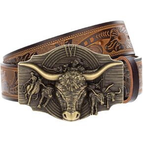 Men's Western Cowboy Belt Mens Engraved Buckle Leather Belts for Jeans