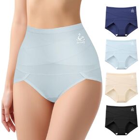 Women's High Waisted Underwear Tummy Control Cotton Panties Full Coverage Postpartum Briefs 4 Pack