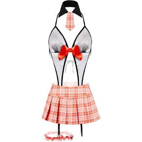 LINGERLOVE School Girl Lingerie for Women Sexy Cosplay Lingerie Set Roleplay Outfit Teddy Bodysuit Costumes Uniform Orange