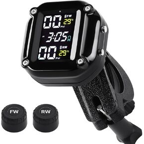 Motorcycle Wireless Tire Pressure Monitoring System, Motorcycle TPMS with 2 External Sensors, LCD Display, IP67 Waterproof Dustproof, Motorbike Tyre Temperature Alarm, Two-Wheeled Motorcycle TPMS