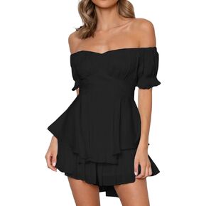 Womens off Shoulder Romper Dress Cute Tiered Ruffle Hem Jumpsuit Playsuit Flowy Pirate Mini Dress