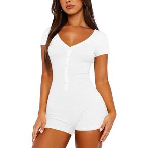 Dressmine Women's Short Sleeve Romper Summer V Neck One Piece Jumpsuit Sexy Pajamas Bodycon Bodysuit