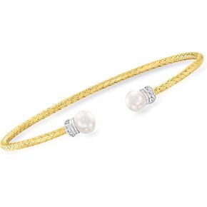 Ross-Simons Charles Garnier 6-6.5mm Cultured Pearl Cuff Bracelet With Czs in 18kt Gold Over Sterling and Sterling Silver. 7.5 inches