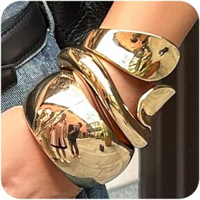 ALEXTINA Chunky Gold Bracelets Set for Women 18K Gold Plated High Shine Bracelets Minimalist Open Wide Cuff Bracelets Gold Cuff Bracelet Trendy Gold Bangle Bracelet