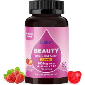 Beauty Gummies No Sugar Added, Hair Skin and Nails Gummies with Vitamins A C E, Natural 6000mcg Biotin Gummies for Women Men, GMO Free, Gluten Free (Strawberry, 60 Count)