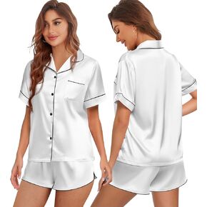 Ekouaer Womens Silk Satin Pajamas Set Short Sleeve Sleepwear Button Down Top and Shorts Loungewear 2 Piece Pjs Set S-XXL
