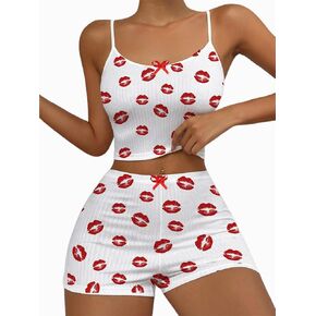 Hilinker Womens Graphic 2 Piece Pajama Set Summer Cute Crop Cami and Shorts Ribbed Lounge Sets
