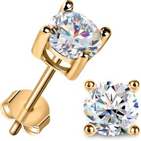 Moissanite Stud Earrings for Women Men 0.6-4ct, 18K Yellow Gold Plated 925 Sterling Silver Mens Stud Earrings, Hypoallergenic Round Cut Earrings Lab Created VVS1 Faux Diamond Stud Push Back