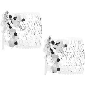 MECCANIXITY Sequin Short Skirt Women's Rave Party Dance Skirt Sparkly Belly Dance Hip Skirts Wrap for Dance Party Night Club Costume(Silver Tone, Pack of 2)