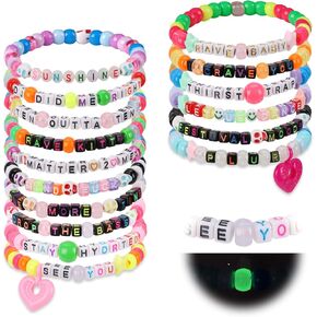 16 Pcs Rave Kandi Bracelets Set Glow In The Dark EDM Music Stretch Bracelets Multi Color Beaded Kandi Cuff Rave Accessories Jewelry Music Party Favor for Women Men Friends EDM Party Music Festival