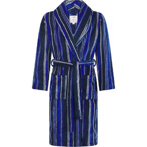John Christian Men's Fleece Robe, Navy, Royal Blue and Light Gray Stripes