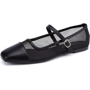 LUCKY STEP Women's Mesh Buckle Flats Mary Jane Square Toe Ballet Dress Adjustable Strap Block Heel Casual Daily Formal Wedding Shoes
