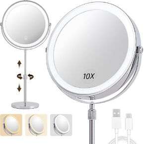 9"Lighted Makeup Mirror, Vanity Mirror with Lights,3000 mAh Rechargeable Height Adjustable,1x/10x Magnifying Mirror with 3 Color, Brightness Adjustable,360° Rotation Double Sided Mirror, Women Gift