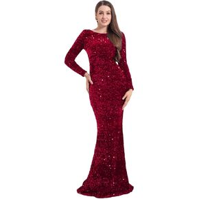 Velvet Stretch Sequin Formal Dress Long Sleeve O Neck Maxi Dress