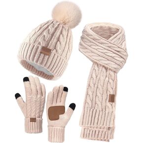 Remifa Winter Beanie Hat Scarf Gloves Set for Women, 3 PCS Pom Pom Hat Touchscreen Glove Long Neck Kint Scarf Christmas Gift