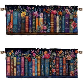 Bookshelf Kitchen Curtains Set of 2 Educational Bookcase Watercolor Flowers Rod Pocket Decorative Small Window Curtains Valance for Cafe Living Room Bathroom Window Treatment Valances 54x18 inch