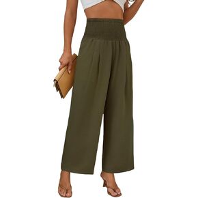 Womens Elastic High Waisted Wide Leg Pants Casual Loose Flowy Palazzo Pant Long Lounge Capri Trousers with Pocket