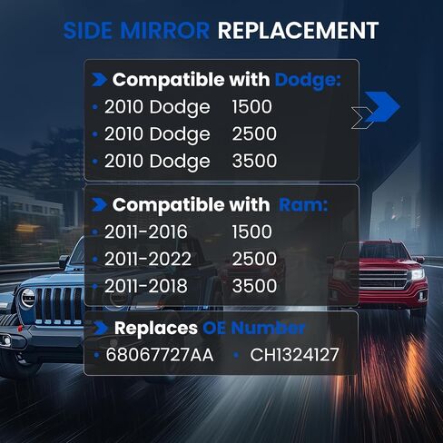 Driver Left Side Upper Heated Mirror Glass 68067727AA CH1324127 Compatible With Dodge Ram 1500 2500 3500 2010-2020 Driver Left Side Rear View Mirror Flat Glass with Backing Plate in Saudi Arabia