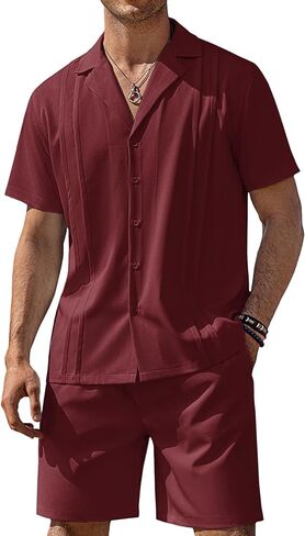COOFANDY Beach Shirts Short Sleeve Button Down Casual Outfits 2 Piece Set for Men(Wine Red, Large) in Kuwait