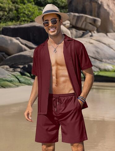 COOFANDY Beach Shirts Short Sleeve Button Down Casual Outfits 2 Piece Set for Men(Wine Red, Large) in Kuwait