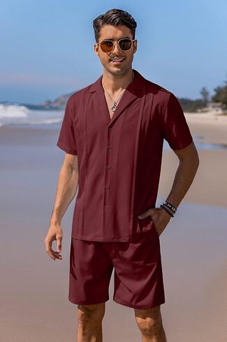 COOFANDY Beach Shirts Short Sleeve Button Down Casual Outfits 2 Piece Set for Men(Wine Red, Large) in Kuwait