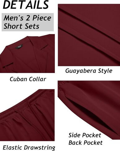 COOFANDY Beach Shirts Short Sleeve Button Down Casual Outfits 2 Piece Set for Men(Wine Red, Large) in Kuwait
