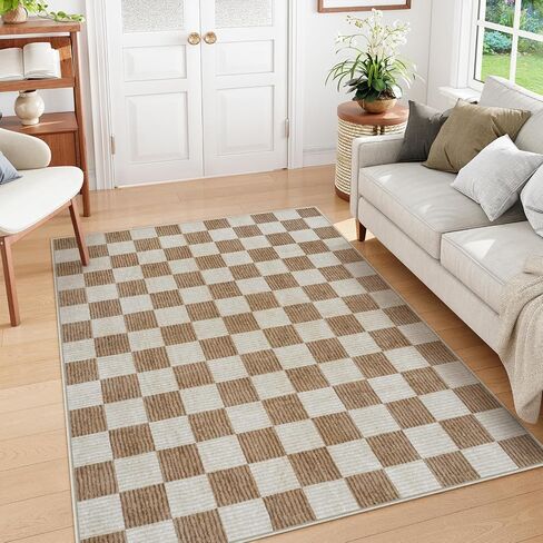 Machine Washable 5x7 Area Rugs for Living Room Checkered, Non Slip Soft Low Pile Farmhouse Geometric Modern Neutral Playroom Boys Rugs for Bedroom, Large Carpet Rugs for Dining Room(Brown,5'x7') in Kuwait