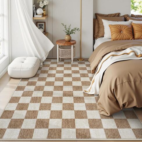 Machine Washable 5x7 Area Rugs for Living Room Checkered, Non Slip Soft Low Pile Farmhouse Geometric Modern Neutral Playroom Boys Rugs for Bedroom, Large Carpet Rugs for Dining Room(Brown,5'x7') in Kuwait