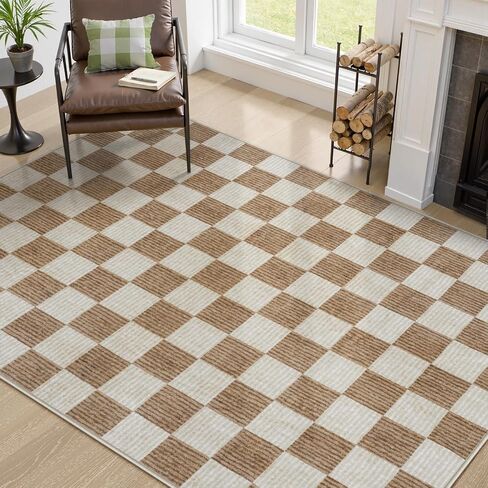 Machine Washable 5x7 Area Rugs for Living Room Checkered, Non Slip Soft Low Pile Farmhouse Geometric Modern Neutral Playroom Boys Rugs for Bedroom, Large Carpet Rugs for Dining Room(Brown,5'x7') in Kuwait