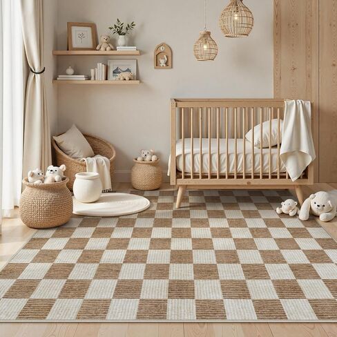Machine Washable 5x7 Area Rugs for Living Room Checkered, Non Slip Soft Low Pile Farmhouse Geometric Modern Neutral Playroom Boys Rugs for Bedroom, Large Carpet Rugs for Dining Room(Brown,5'x7') in Kuwait