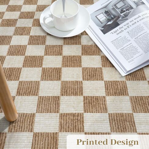 Machine Washable 5x7 Area Rugs for Living Room Checkered, Non Slip Soft Low Pile Farmhouse Geometric Modern Neutral Playroom Boys Rugs for Bedroom, Large Carpet Rugs for Dining Room(Brown,5'x7') in Kuwait