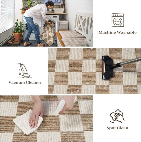 Machine Washable 5x7 Area Rugs for Living Room Checkered, Non Slip Soft Low Pile Farmhouse Geometric Modern Neutral Playroom Boys Rugs for Bedroom, Large Carpet Rugs for Dining Room(Brown,5'x7') in Kuwait