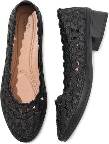 HEAWISH Women's Black Loafers Floral Ballet Flats Shoes,Pu Leather Dress Shoes with Heel Comfortable Slip on Loafer in Kuwait