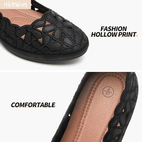 HEAWISH Women's Black Loafers Floral Ballet Flats Shoes,Pu Leather Dress Shoes with Heel Comfortable Slip on Loafer in Kuwait