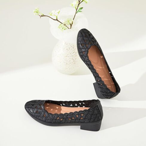 HEAWISH Women's Black Loafers Floral Ballet Flats Shoes,Pu Leather Dress Shoes with Heel Comfortable Slip on Loafer in Kuwait