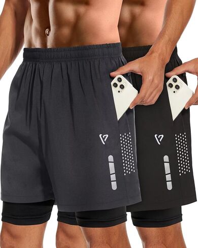 Men's 2 in1 Running Shorts 5''Quick Dry Mens Athletic Shorts Breathable Mesh Gym Shorts Men with Zip Pockets & Towel in Saudi Arabia