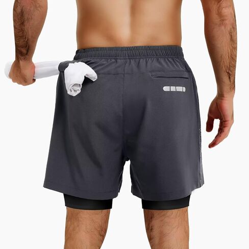 Men's 2 in1 Running Shorts 5''Quick Dry Mens Athletic Shorts Breathable Mesh Gym Shorts Men with Zip Pockets & Towel in Saudi Arabia