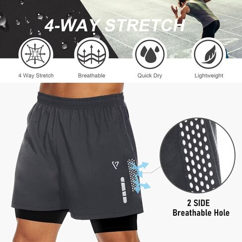 Men's 2 in1 Running Shorts 5''Quick Dry Mens Athletic Shorts Breathable Mesh Gym Shorts Men with Zip Pockets & Towel in Saudi Arabia