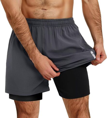Men's 2 in1 Running Shorts 5''Quick Dry Mens Athletic Shorts Breathable Mesh Gym Shorts Men with Zip Pockets & Towel in Saudi Arabia