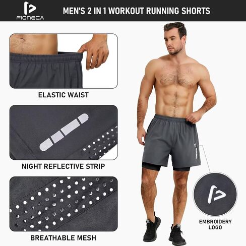 Men's 2 in1 Running Shorts 5''Quick Dry Mens Athletic Shorts Breathable Mesh Gym Shorts Men with Zip Pockets & Towel in Saudi Arabia
