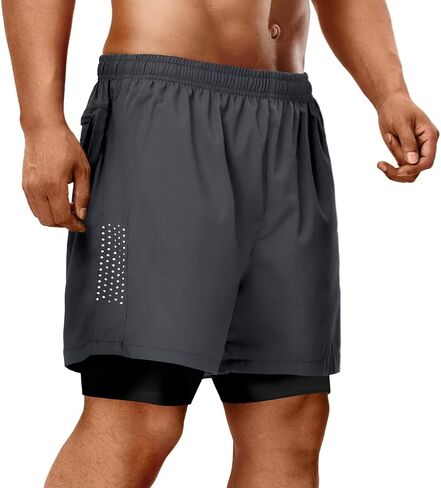 Men's 2 in1 Running Shorts 5''Quick Dry Mens Athletic Shorts Breathable Mesh Gym Shorts Men with Zip Pockets & Towel in Saudi Arabia