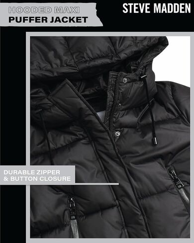 Steve Madden Women's Maxi Puffer Jacket - معطف شتوي طويل معزول للوزن الثقيل مع غطاء محرك السيارة وسحابات مانعة للتسرب (S -XL) in Saudi Arabia